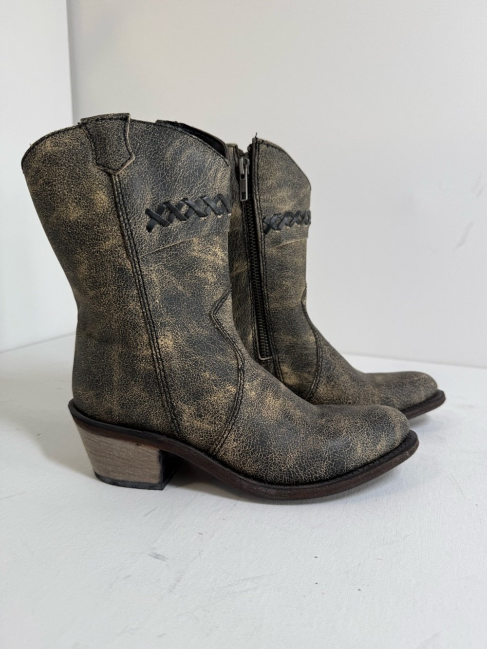 Kids Distressed Black Cowboy Boots with Zipper